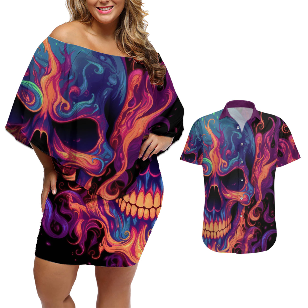 Colorful Fire Skull Couples Matching Off Shoulder Short Dress and Hawaiian Shirt I'm not rude i just have the balls to say what everyone else is Thingking - Wonder Print Shop