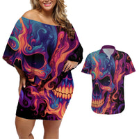 Colorful Fire Skull Couples Matching Off Shoulder Short Dress and Hawaiian Shirt I'm not rude i just have the balls to say what everyone else is Thingking - Wonder Print Shop