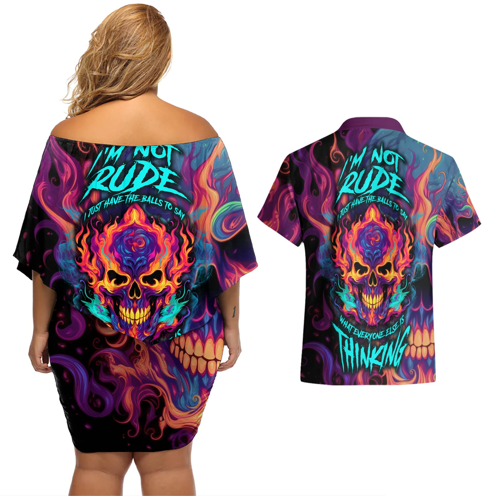 Colorful Fire Skull Couples Matching Off Shoulder Short Dress and Hawaiian Shirt I'm not rude i just have the balls to say what everyone else is Thingking - Wonder Print Shop