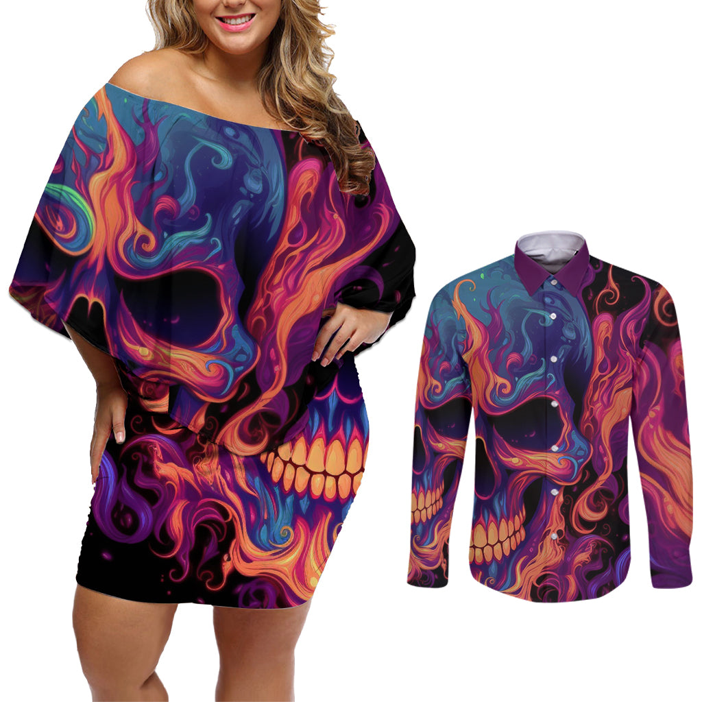 Colorful Fire Skull Couples Matching Off Shoulder Short Dress and Long Sleeve Button Shirts I'm not rude i just have the balls to say what everyone else is Thingking - Wonder Print Shop