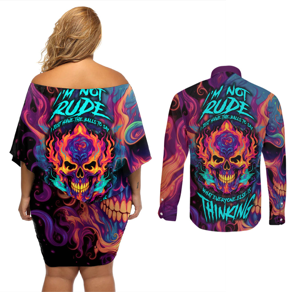 Colorful Fire Skull Couples Matching Off Shoulder Short Dress and Long Sleeve Button Shirts I'm not rude i just have the balls to say what everyone else is Thingking - Wonder Print Shop