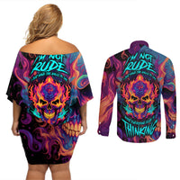 Colorful Fire Skull Couples Matching Off Shoulder Short Dress and Long Sleeve Button Shirts I'm not rude i just have the balls to say what everyone else is Thingking - Wonder Print Shop