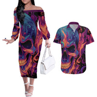 Colorful Fire Skull Couples Matching Off The Shoulder Long Sleeve Dress and Hawaiian Shirt I'm not rude i just have the balls to say what everyone else is Thingking - Wonder Print Shop