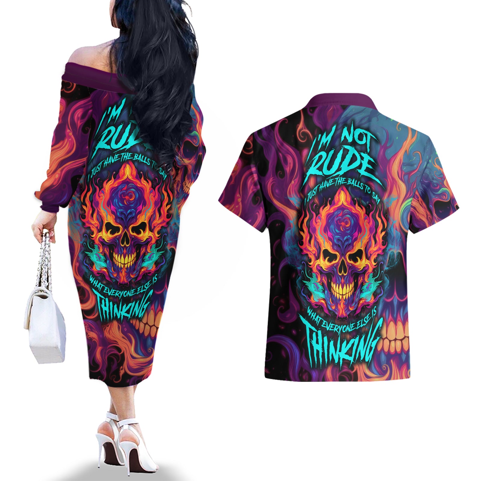 Colorful Fire Skull Couples Matching Off The Shoulder Long Sleeve Dress and Hawaiian Shirt I'm not rude i just have the balls to say what everyone else is Thingking - Wonder Print Shop