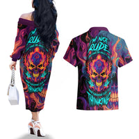 Colorful Fire Skull Couples Matching Off The Shoulder Long Sleeve Dress and Hawaiian Shirt I'm not rude i just have the balls to say what everyone else is Thingking - Wonder Print Shop