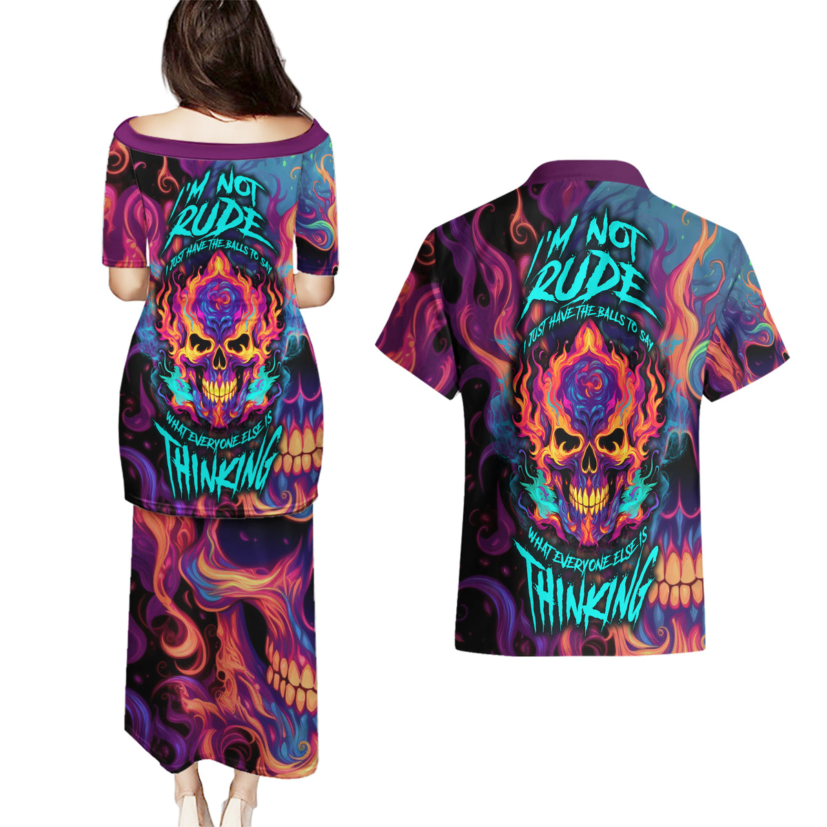 Colorful Fire Skull Couples Matching Puletasi Dress and Hawaiian Shirt I'm not rude i just have the balls to say what everyone else is Thingking - Wonder Print Shop