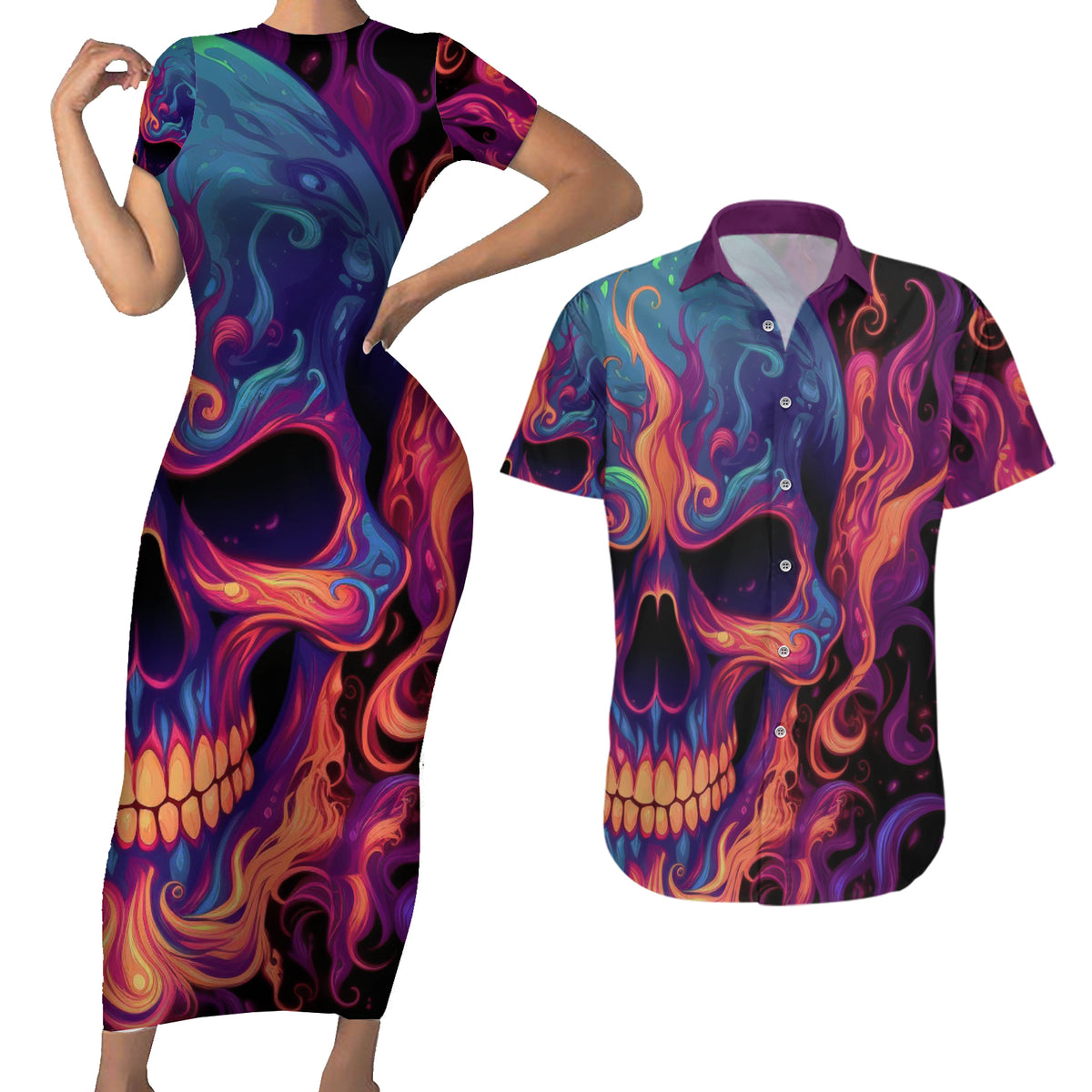 Colorful Fire Skull Couples Matching Short Sleeve Bodycon Dress and Hawaiian Shirt I'm not rude i just have the balls to say what everyone else is Thingking - Wonder Print Shop