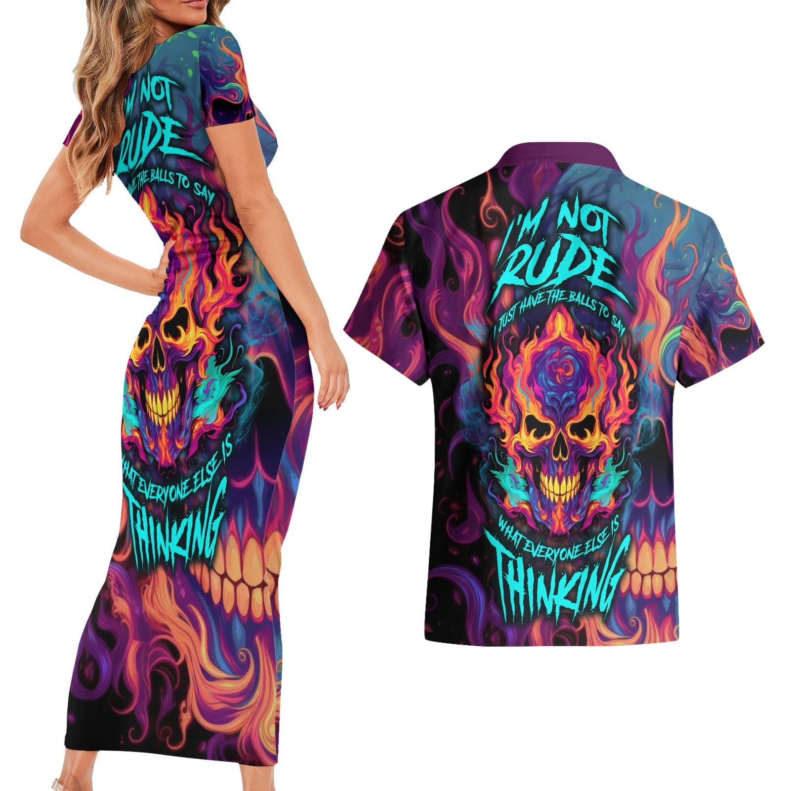 Colorful Fire Skull Couples Matching Short Sleeve Bodycon Dress and Hawaiian Shirt I'm not rude i just have the balls to say what everyone else is Thingking - Wonder Print Shop