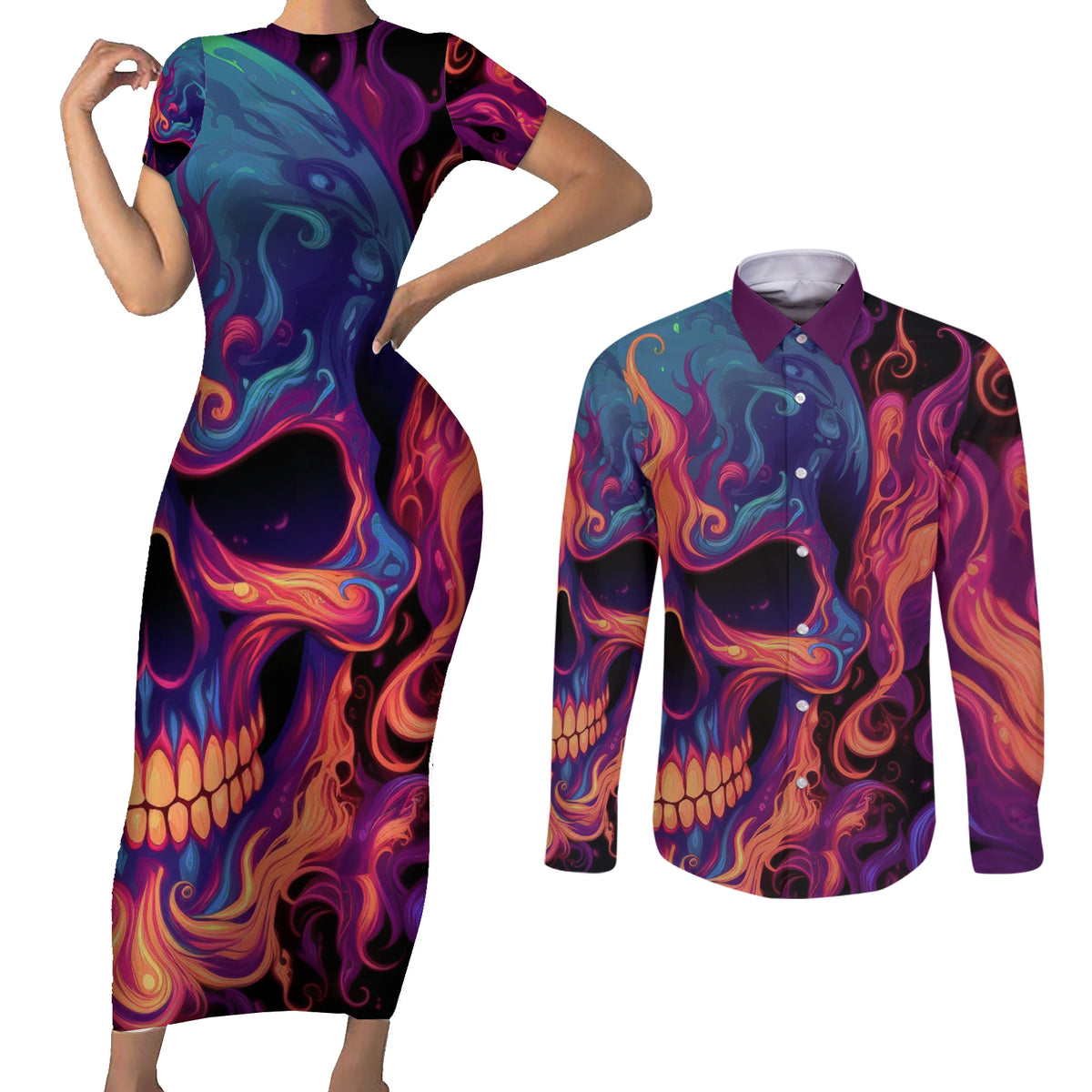 Colorful Fire Skull Couples Matching Short Sleeve Bodycon Dress and Long Sleeve Button Shirts I'm not rude i just have the balls to say what everyone else is Thingking - Wonder Print Shop