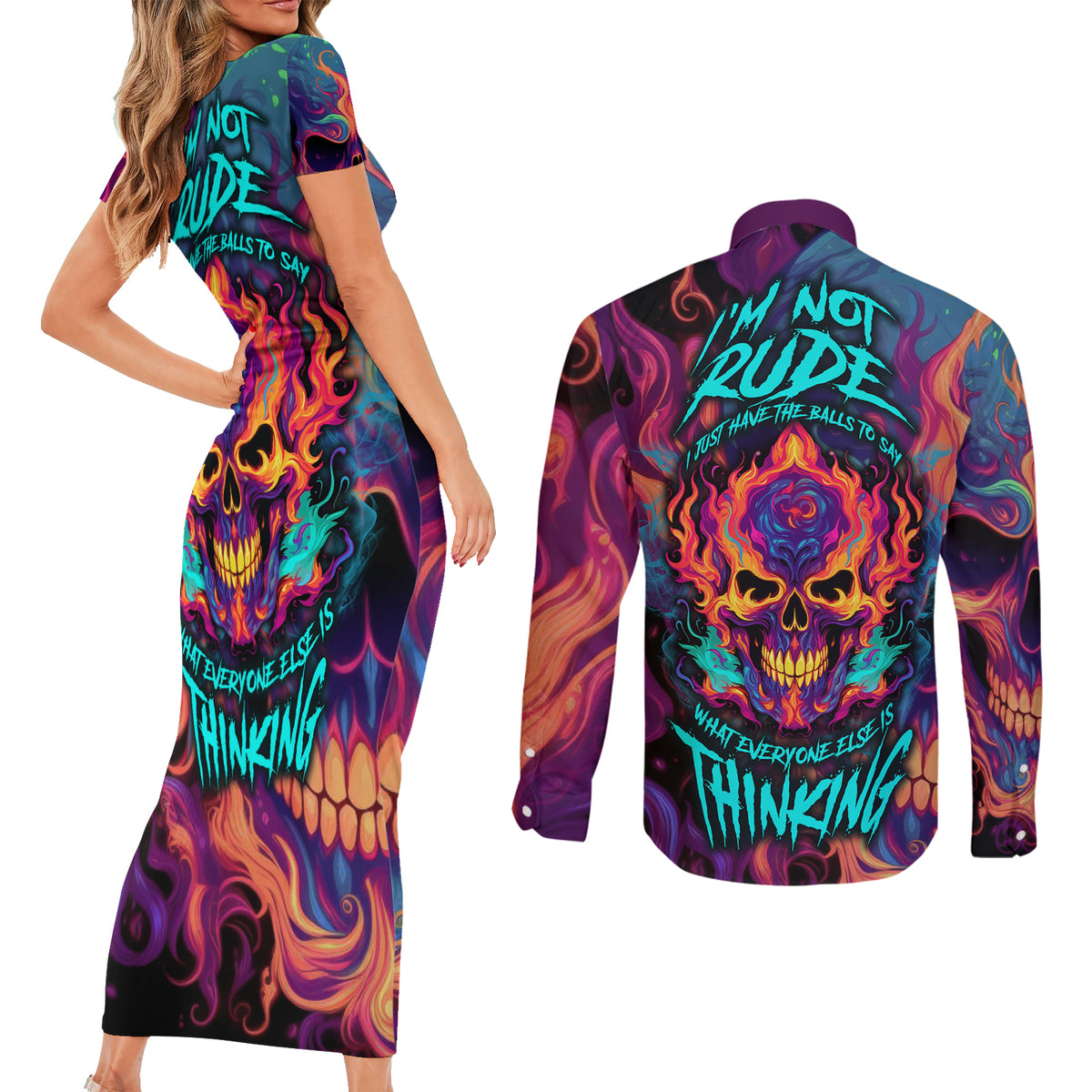 Colorful Fire Skull Couples Matching Short Sleeve Bodycon Dress and Long Sleeve Button Shirts I'm not rude i just have the balls to say what everyone else is Thingking - Wonder Print Shop