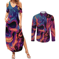 Colorful Fire Skull Couples Matching Summer Maxi Dress and Long Sleeve Button Shirts I'm not rude i just have the balls to say what everyone else is Thingking - Wonder Print Shop