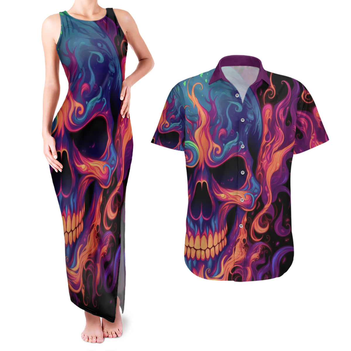 Colorful Fire Skull Couples Matching Tank Maxi Dress and Hawaiian Shirt I'm not rude i just have the balls to say what everyone else is Thingking - Wonder Print Shop