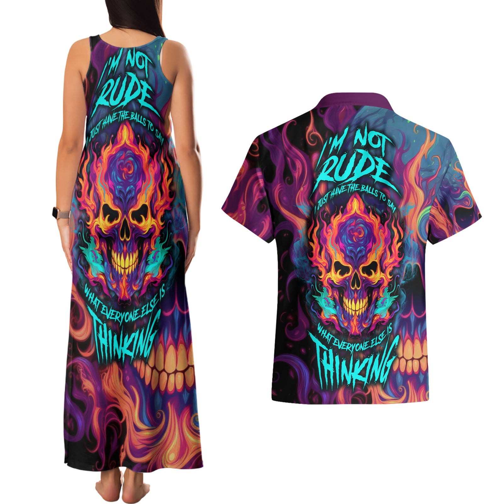 Colorful Fire Skull Couples Matching Tank Maxi Dress and Hawaiian Shirt I'm not rude i just have the balls to say what everyone else is Thingking - Wonder Print Shop
