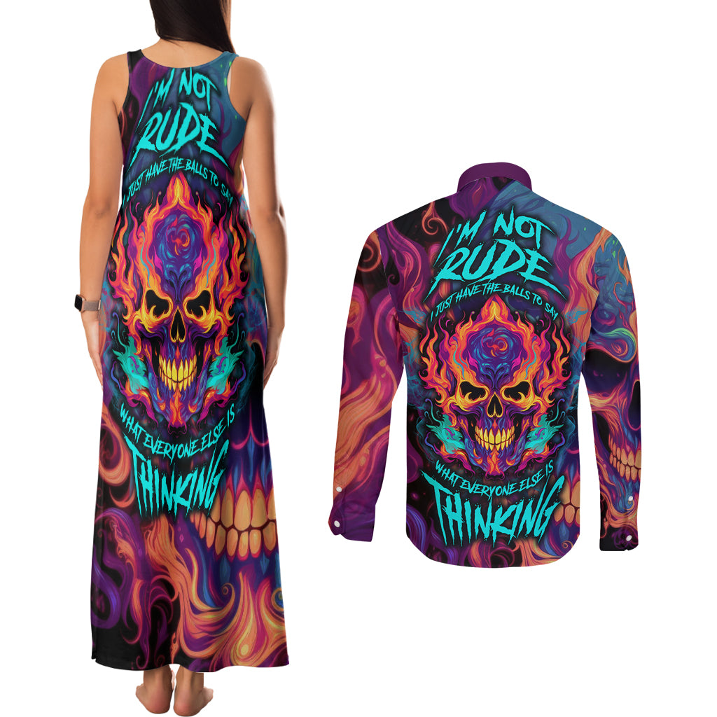 Colorful Fire Skull Couples Matching Tank Maxi Dress and Long Sleeve Button Shirts I'm not rude i just have the balls to say what everyone else is Thingking - Wonder Print Shop