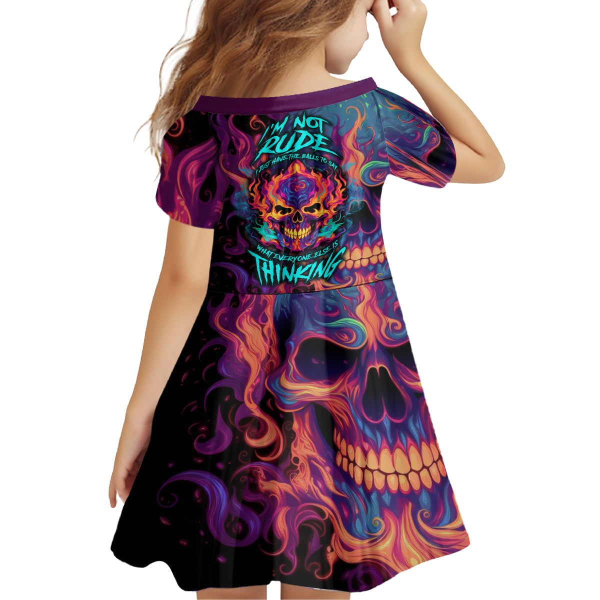 Colorful Fire Skull Family Matching Long Sleeve Bodycon Dress and Hawaiian Shirt I'm not rude i just have the balls to say what everyone else is Thingking - Wonder Print Shop
