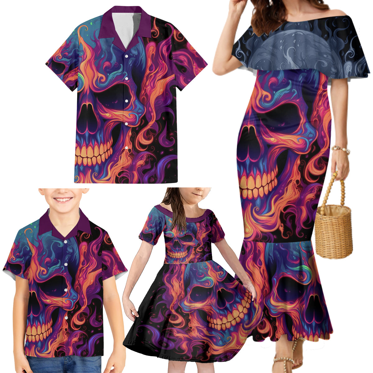Colorful Fire Skull Family Matching Mermaid Dress and Hawaiian Shirt I'm not rude i just have the balls to say what everyone else is Thingking - Wonder Print Shop