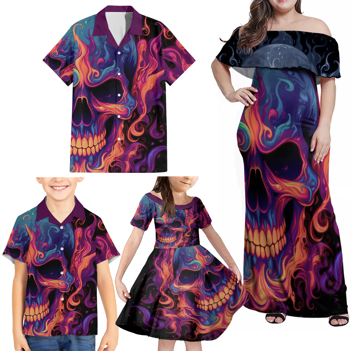 Colorful Fire Skull Family Matching Off Shoulder Maxi Dress and Hawaiian Shirt I'm not rude i just have the balls to say what everyone else is Thingking - Wonder Print Shop