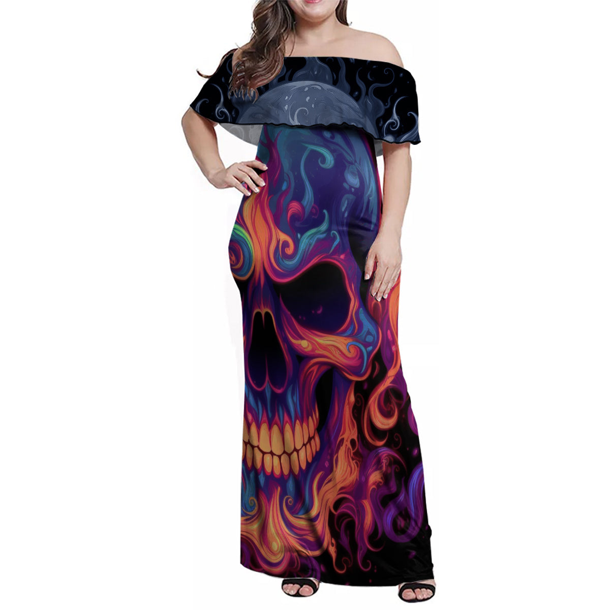 Colorful Fire Skull Family Matching Off Shoulder Maxi Dress and Hawaiian Shirt I'm not rude i just have the balls to say what everyone else is Thingking - Wonder Print Shop