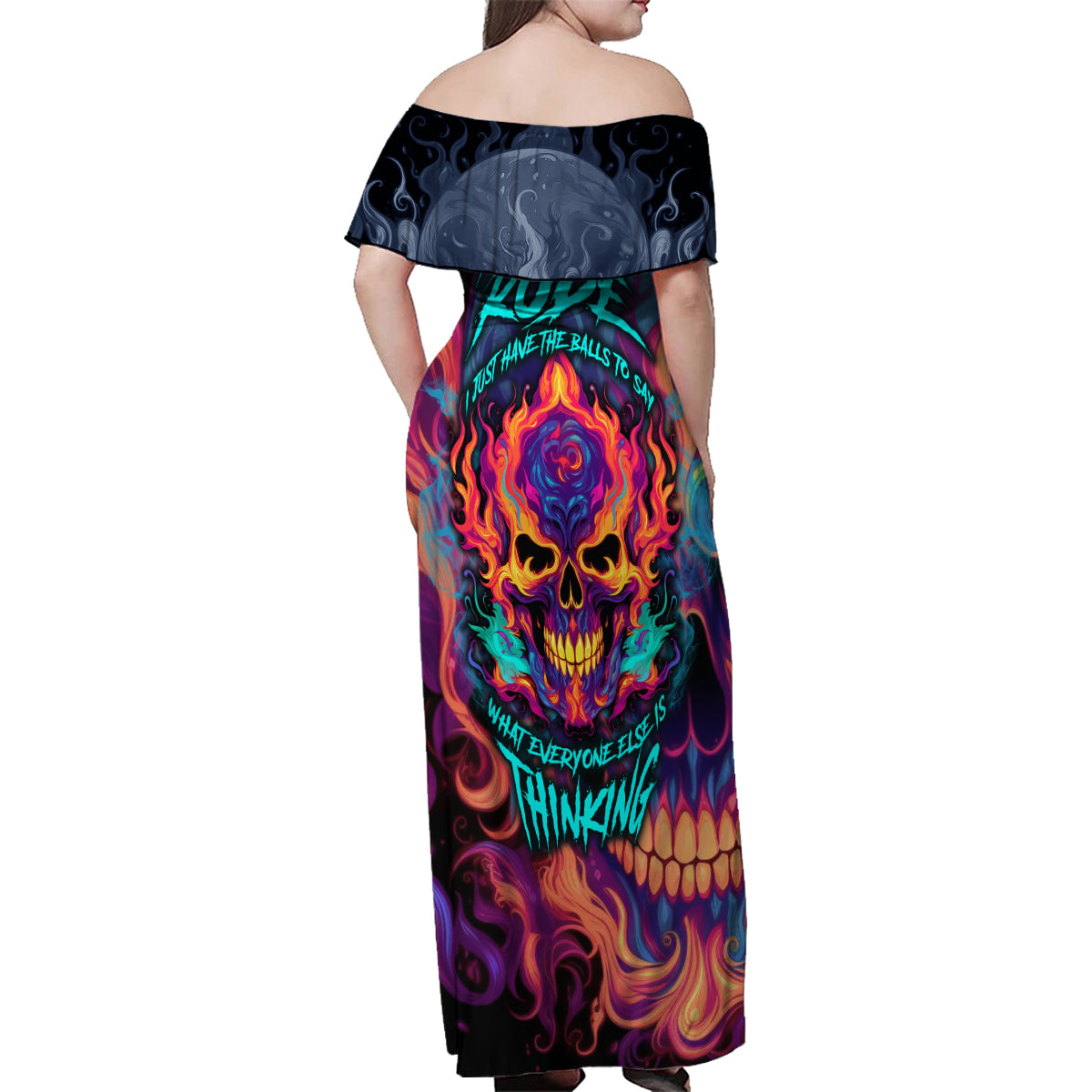 Colorful Fire Skull Family Matching Off Shoulder Maxi Dress and Hawaiian Shirt I'm not rude i just have the balls to say what everyone else is Thingking - Wonder Print Shop