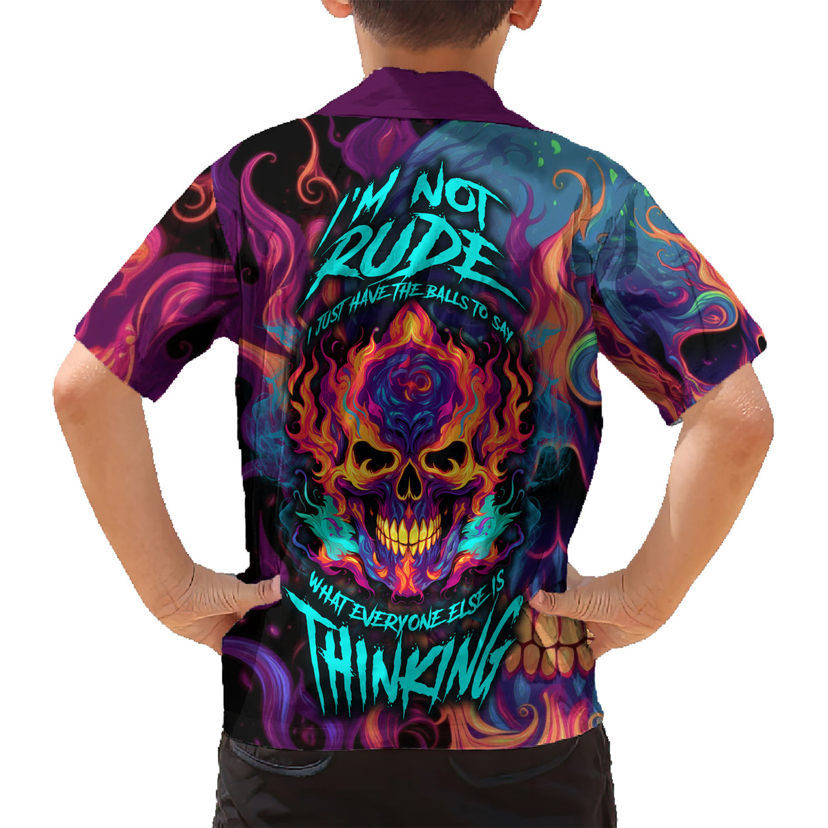 Colorful Fire Skull Family Matching Short Sleeve Bodycon Dress and Hawaiian Shirt I'm not rude i just have the balls to say what everyone else is Thingking - Wonder Print Shop
