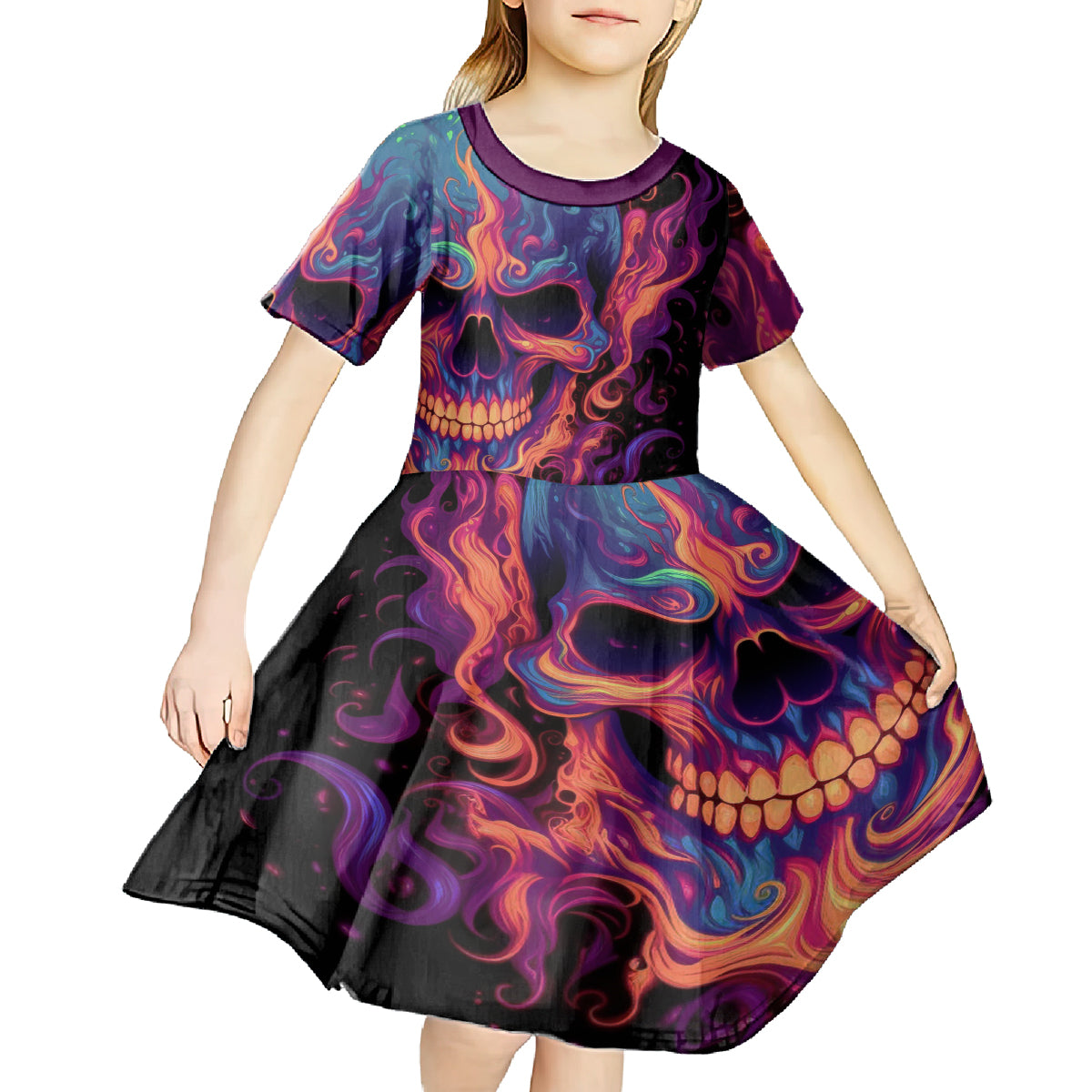 Colorful Fire Skull Kid Short Sleeve Dress I'm not rude i just have the balls to say what everyone else is Thingking - Wonder Print Shop