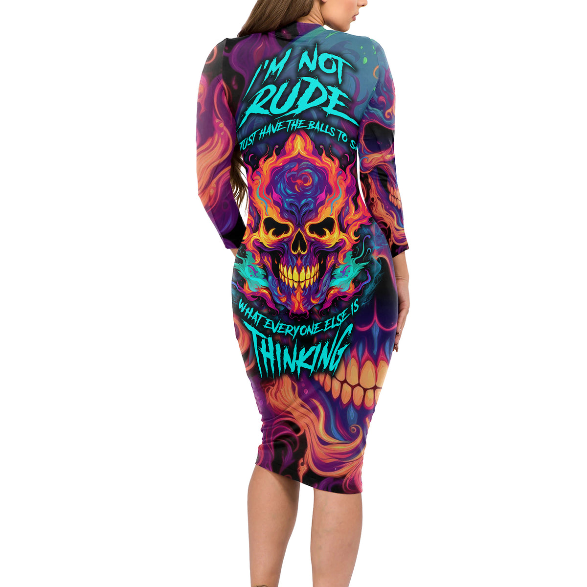 Colorful Fire Skull Long Sleeve Bodycon Dress I'm not rude i just have the balls to say what everyone else is Thingking - Wonder Print Shop