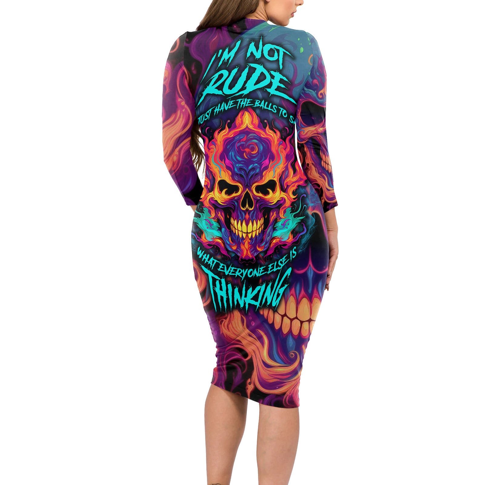 Colorful Fire Skull Long Sleeve Bodycon Dress I'm not rude i just have the balls to say what everyone else is Thingking - Wonder Print Shop