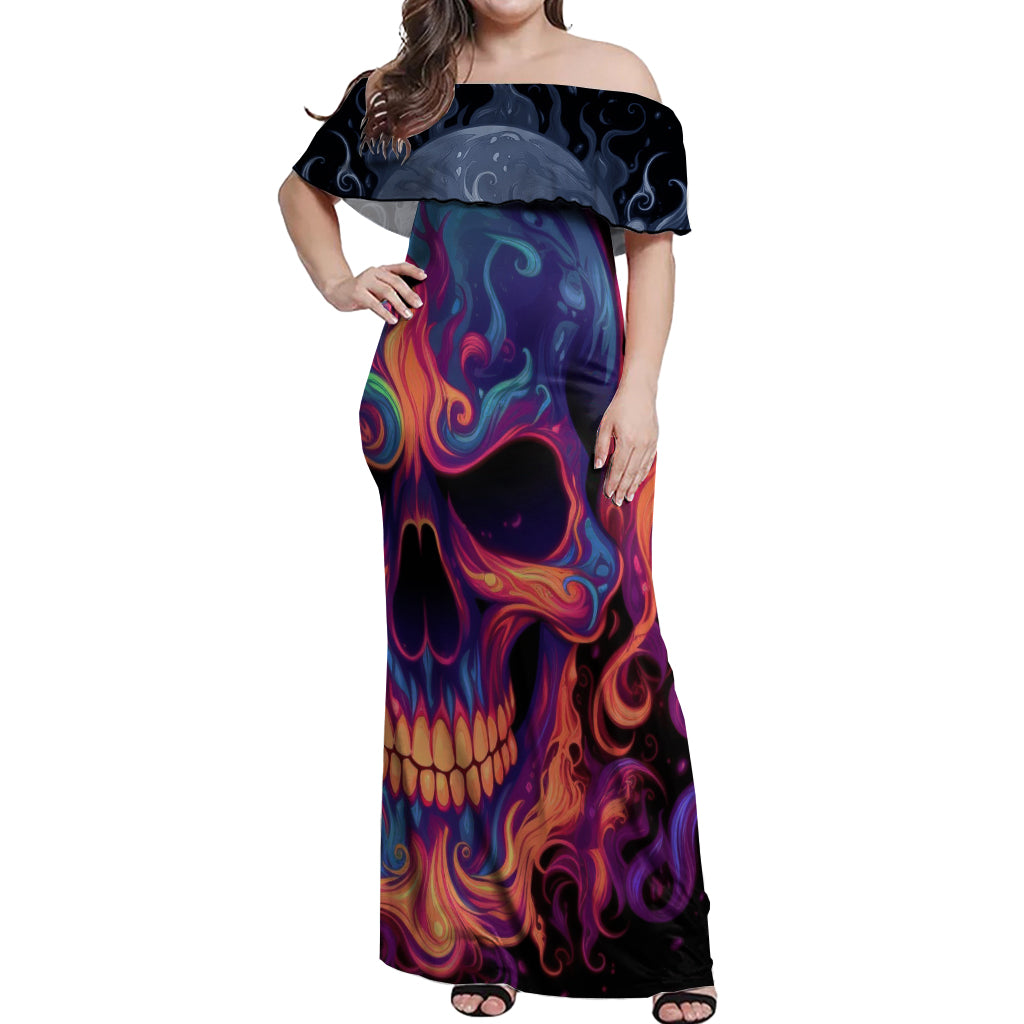 Colorful Fire Skull Off Shoulder Maxi Dress I'm not rude i just have the balls to say what everyone else is Thingking - Wonder Print Shop