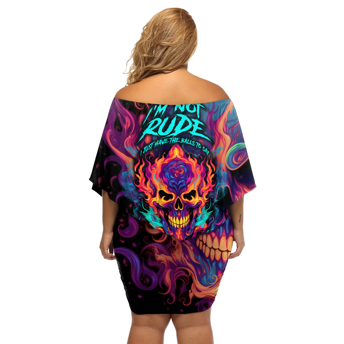 Colorful Fire Skull Off Shoulder Short Dress I'm not rude i just have the balls to say what everyone else is Thingking - Wonder Print Shop