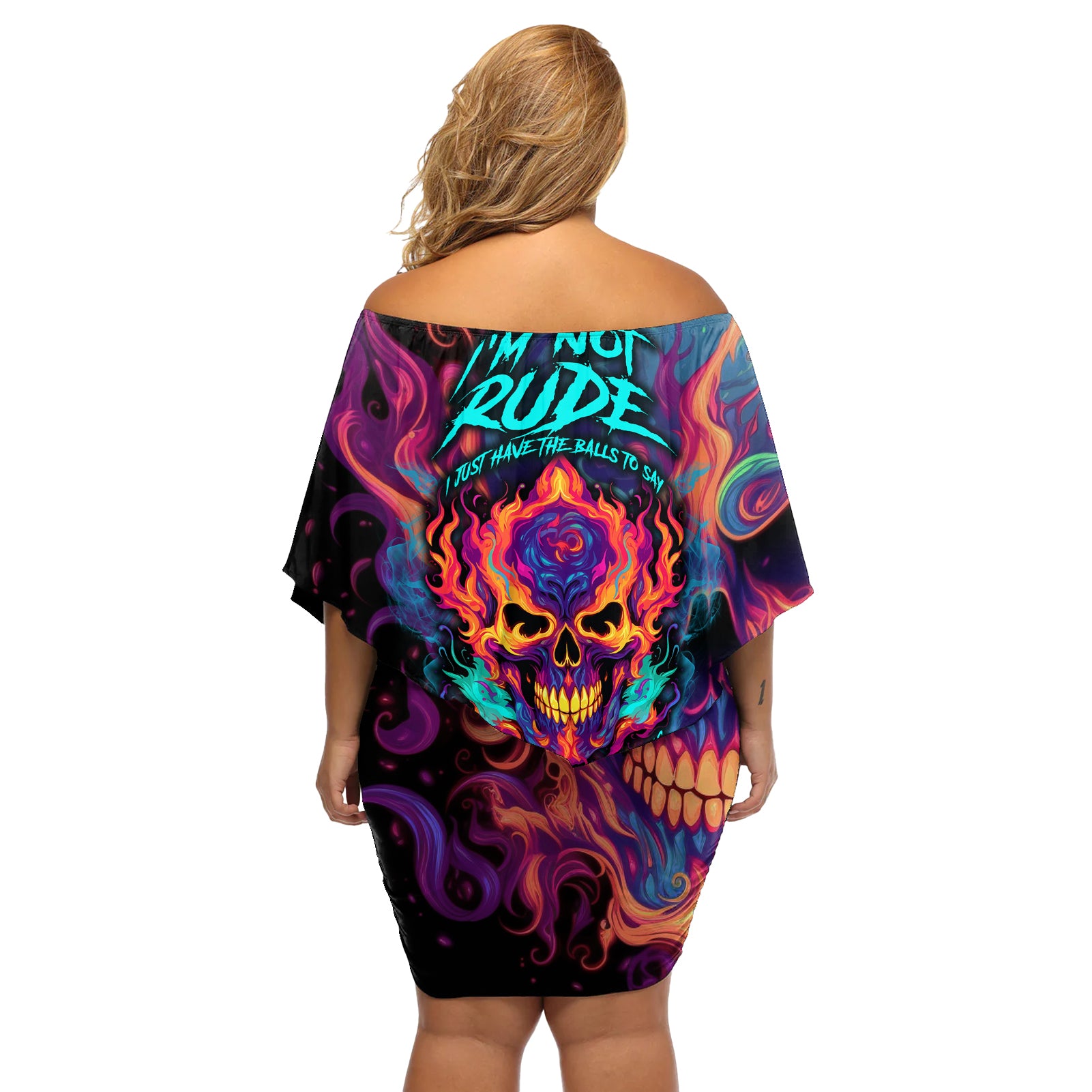 Colorful Fire Skull Off Shoulder Short Dress I'm not rude i just have the balls to say what everyone else is Thingking - Wonder Print Shop