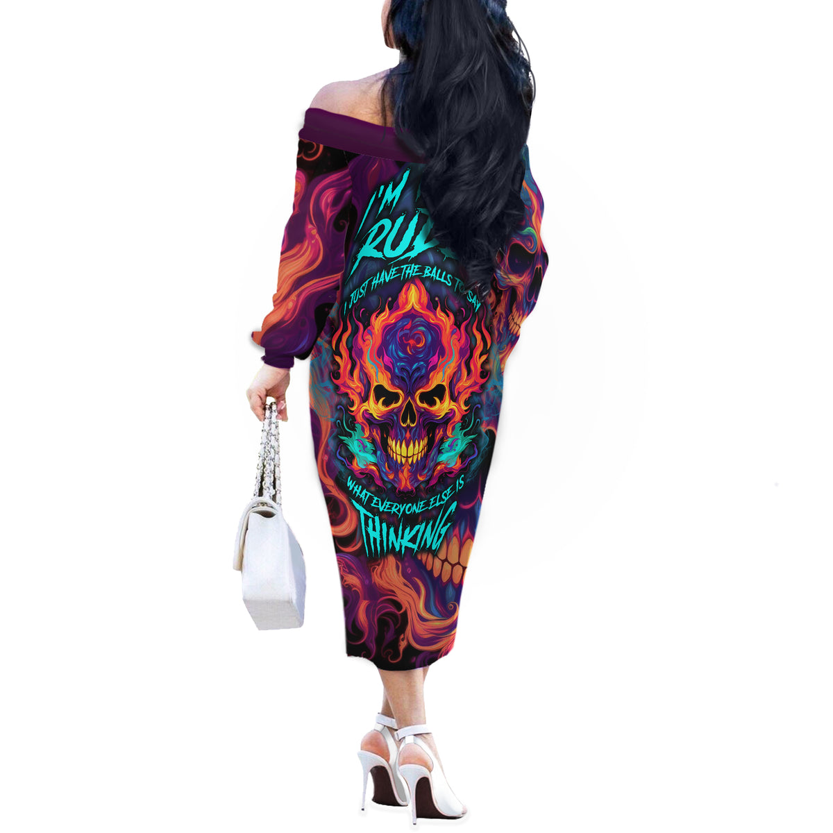 Colorful Fire Skull Off The Shoulder Long Sleeve Dress I'm not rude i just have the balls to say what everyone else is Thingking - Wonder Print Shop
