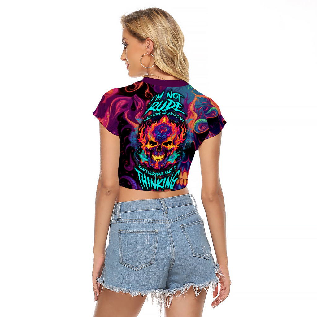 Colorful Fire Skull Raglan Cropped T Shirt I'm not rude i just have the balls to say what everyone else is Thingking - Wonder Print Shop