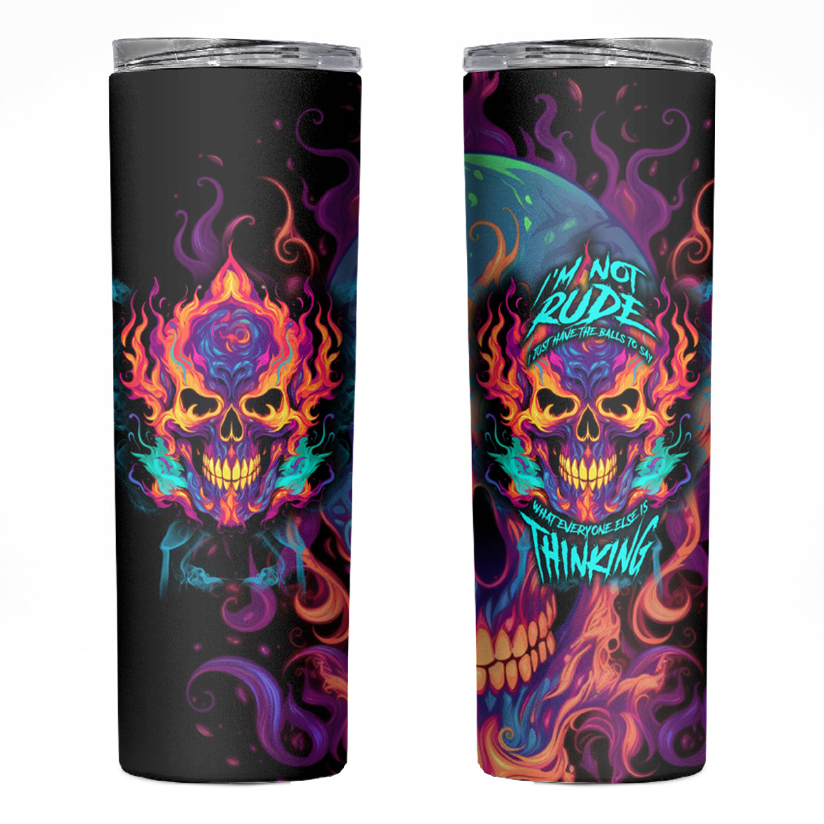 Colorful Fire Skull Skinny Tumbler I'm not rude i just have the balls to say what everyone else is Thingking - Wonder Print Shop