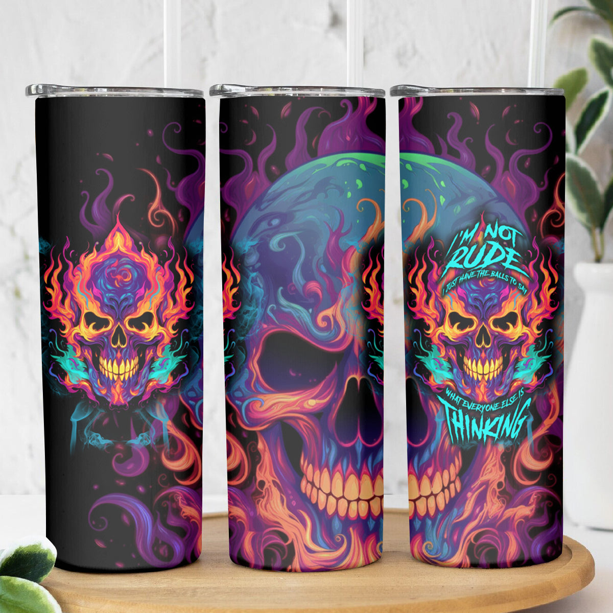 Colorful Fire Skull Skinny Tumbler I'm not rude i just have the balls to say what everyone else is Thingking - Wonder Print Shop