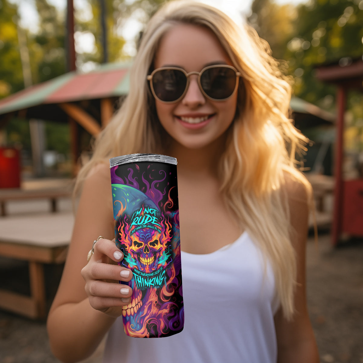Colorful Fire Skull Skinny Tumbler I'm not rude i just have the balls to say what everyone else is Thingking - Wonder Print Shop