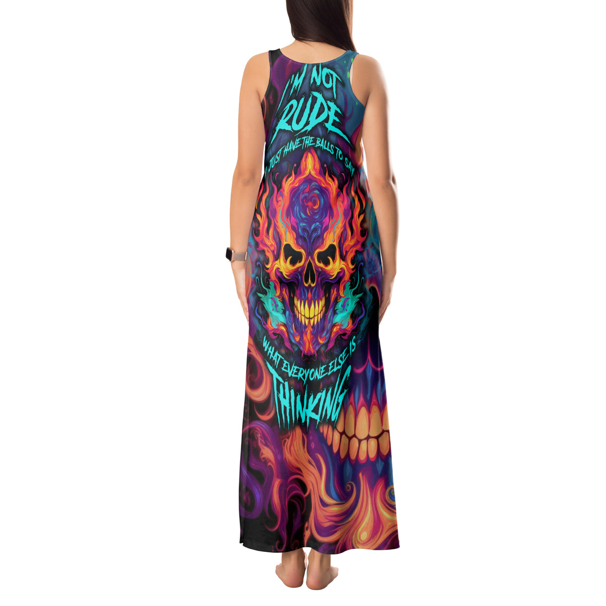 Colorful Fire Skull Tank Maxi Dress I'm not rude i just have the balls to say what everyone else is Thingking - Wonder Print Shop