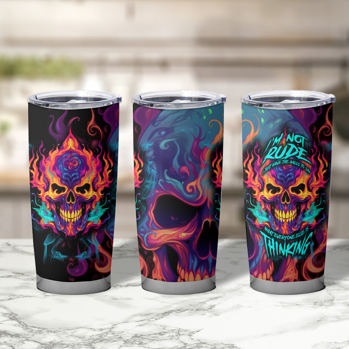 Colorful Fire Skull Tumbler Cup I'm not rude i just have the balls to say what everyone else is Thingking - Wonder Print Shop