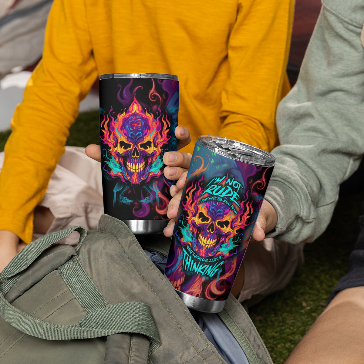 Colorful Fire Skull Tumbler Cup I'm not rude i just have the balls to say what everyone else is Thingking - Wonder Print Shop