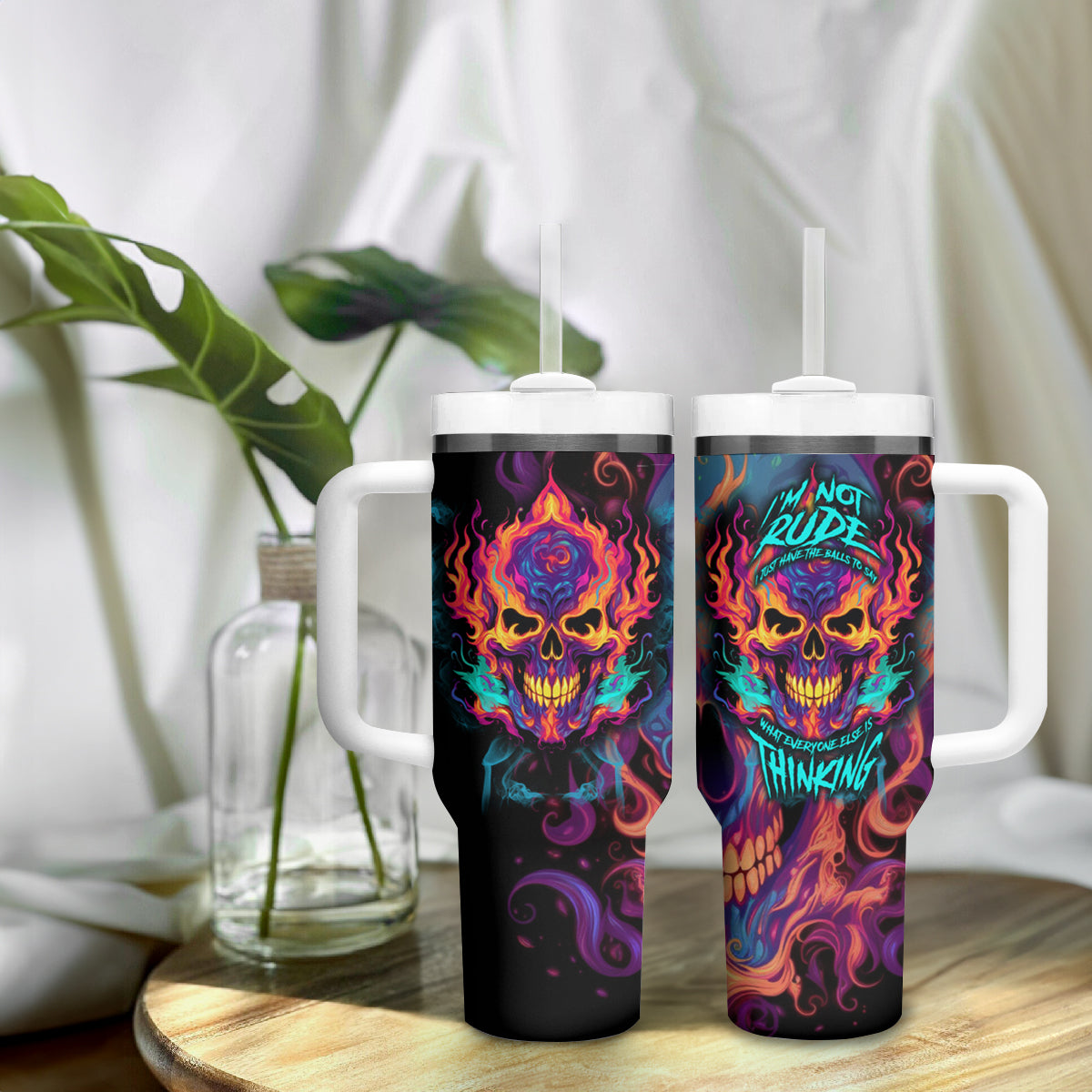 Colorful Fire Skull Tumbler With Handle I'm not rude i just have the balls to say what everyone else is Thingking - Wonder Print Shop