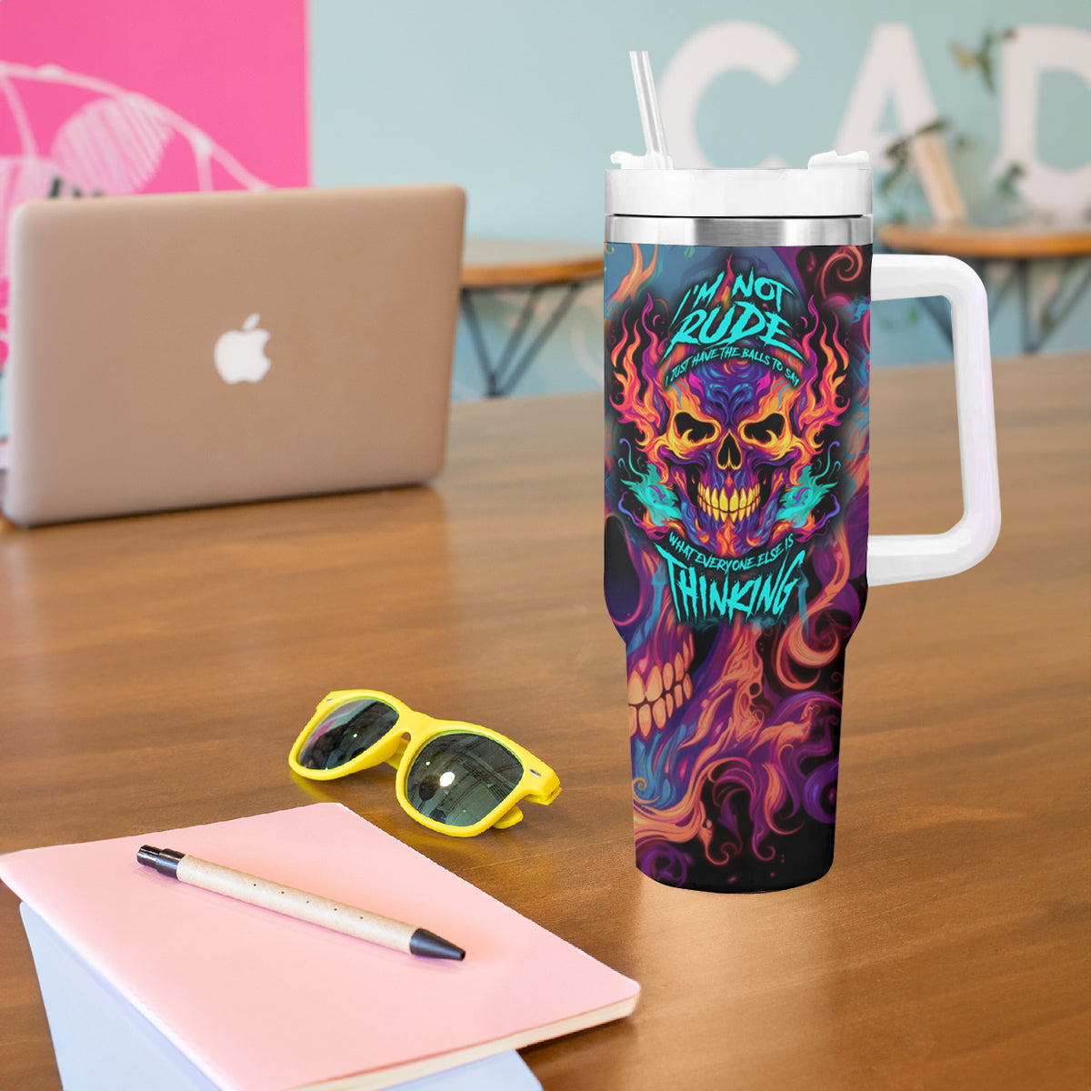 Colorful Fire Skull Tumbler With Handle I'm not rude i just have the balls to say what everyone else is Thingking - Wonder Print Shop