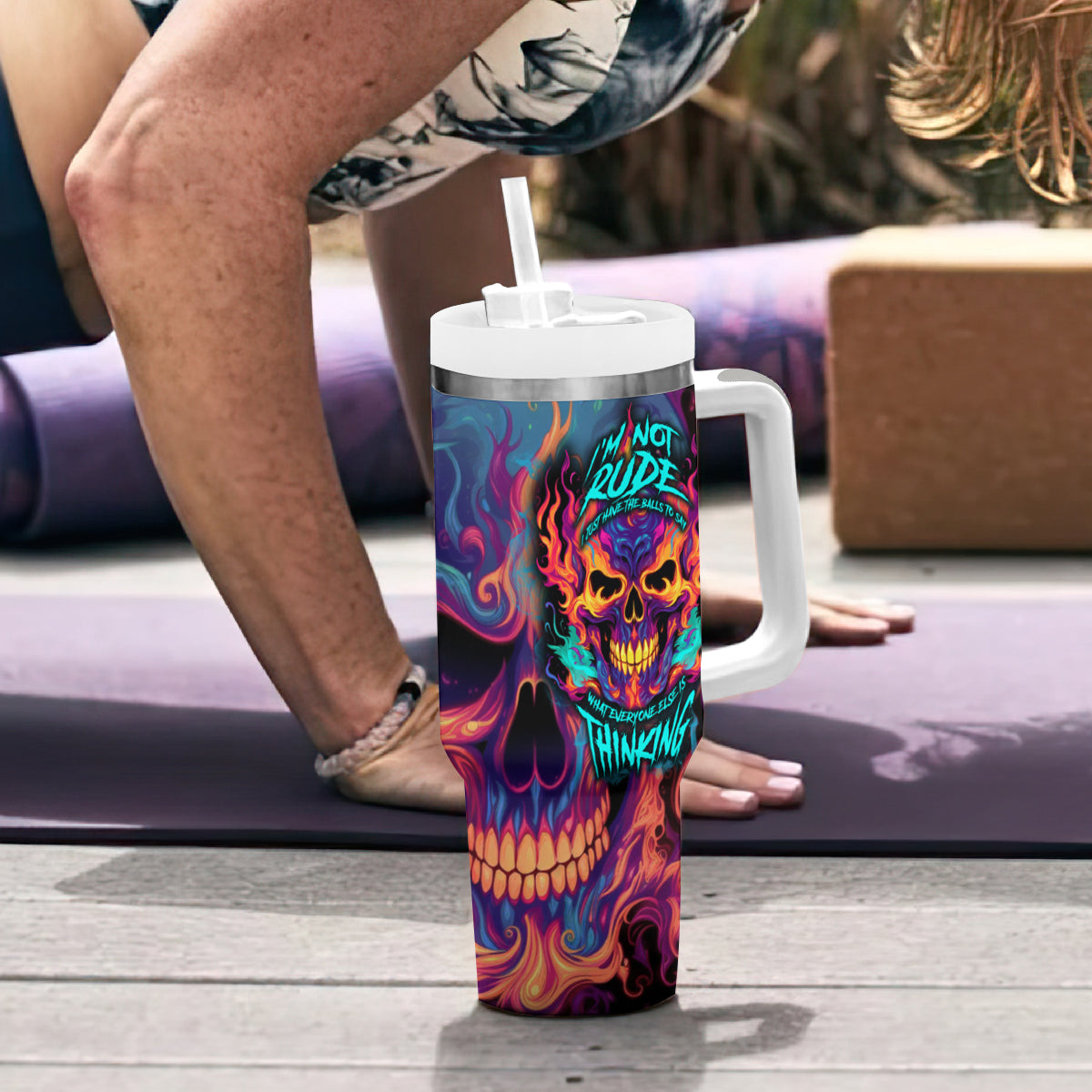 Colorful Fire Skull Tumbler With Handle I'm not rude i just have the balls to say what everyone else is Thingking - Wonder Print Shop