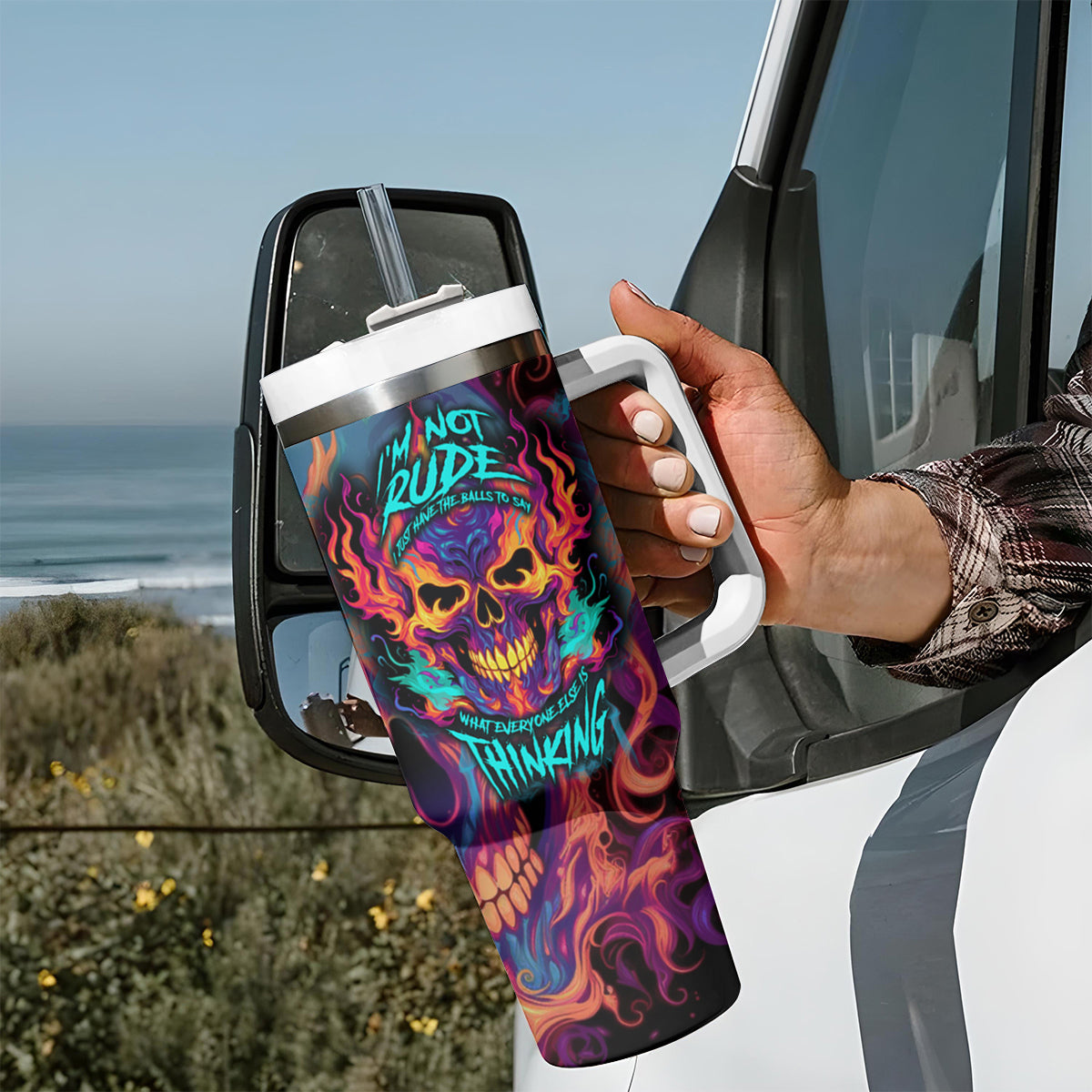Colorful Fire Skull Tumbler With Handle I'm not rude i just have the balls to say what everyone else is Thingking - Wonder Print Shop