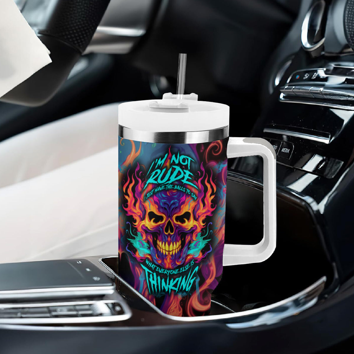 Colorful Fire Skull Tumbler With Handle I'm not rude i just have the balls to say what everyone else is Thingking - Wonder Print Shop