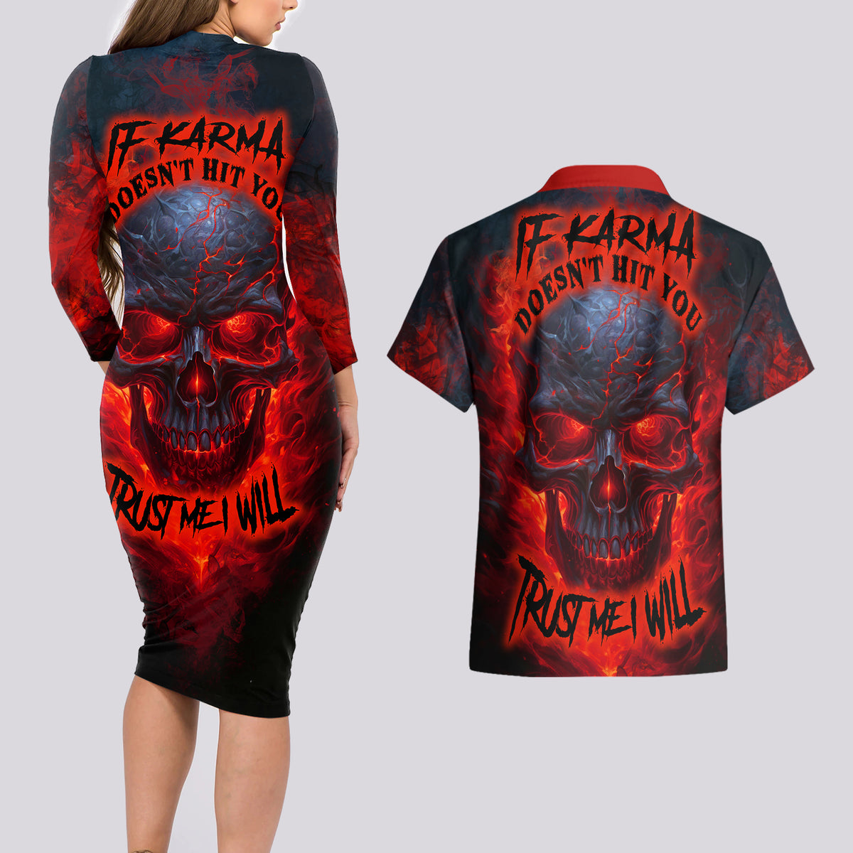 Horror Skull Couples Matching Long Sleeve Bodycon Dress and Hawaiian Shirt If Karma Doesn't Hit You Trust me I Will - Wonder Print Shop