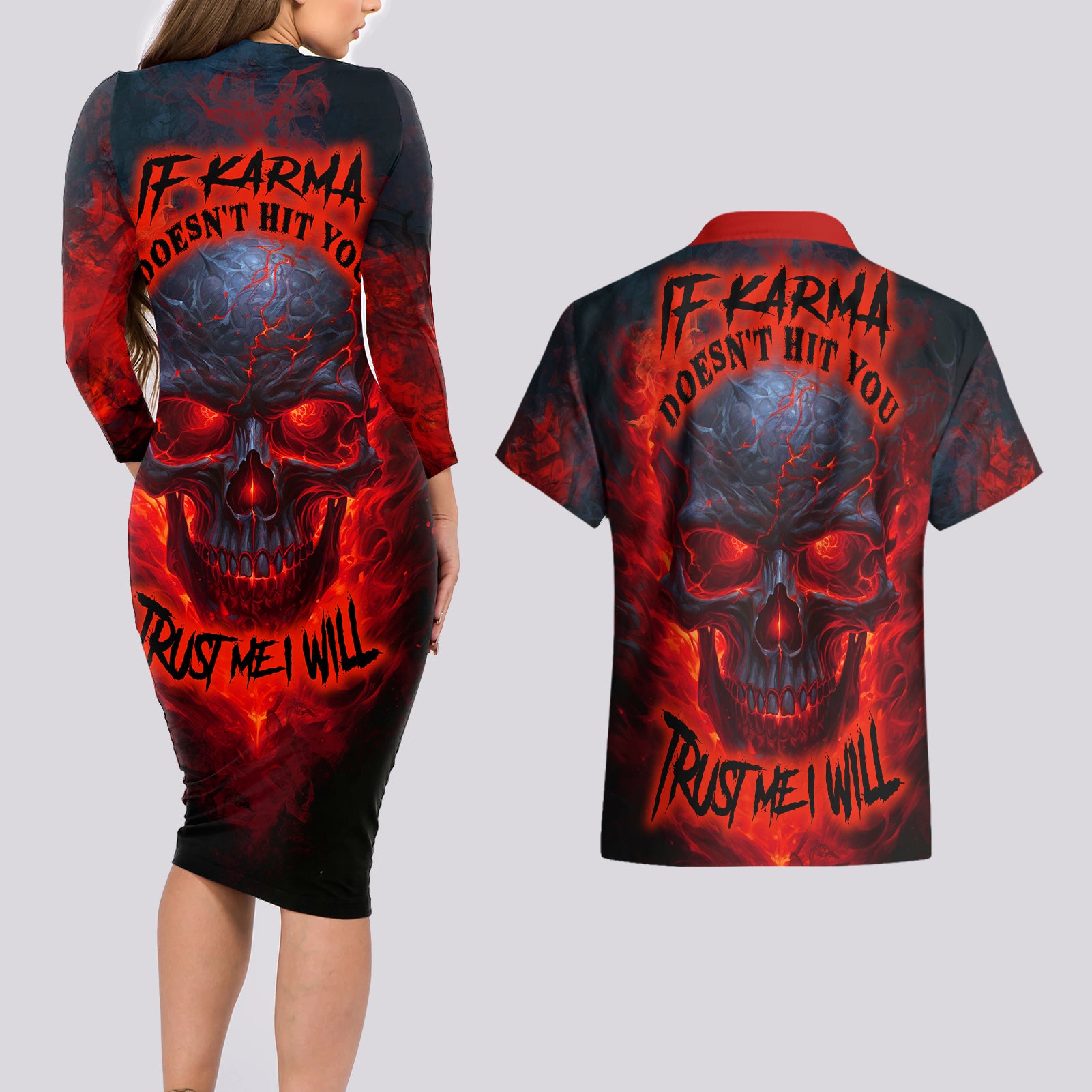 Horror Skull Couples Matching Long Sleeve Bodycon Dress and Hawaiian Shirt If Karma Doesn't Hit You Trust me I Will - Wonder Print Shop