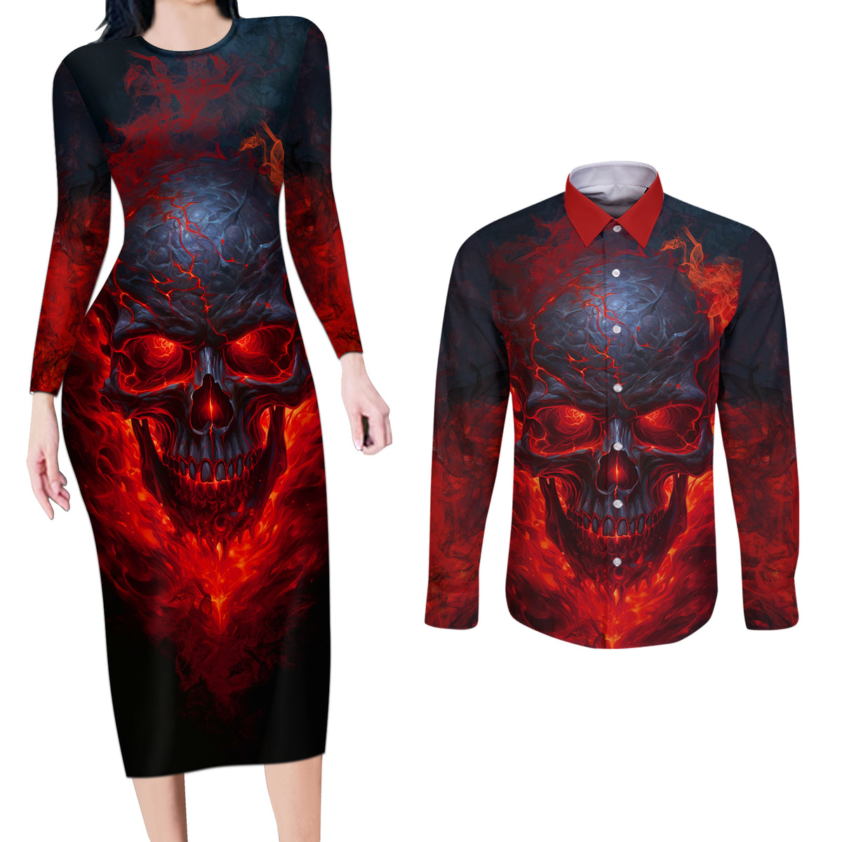 Horror Skull Couples Matching Long Sleeve Bodycon Dress and Long Sleeve Button Shirts If Karma Doesn't Hit You Trust me I Will - Wonder Print Shop