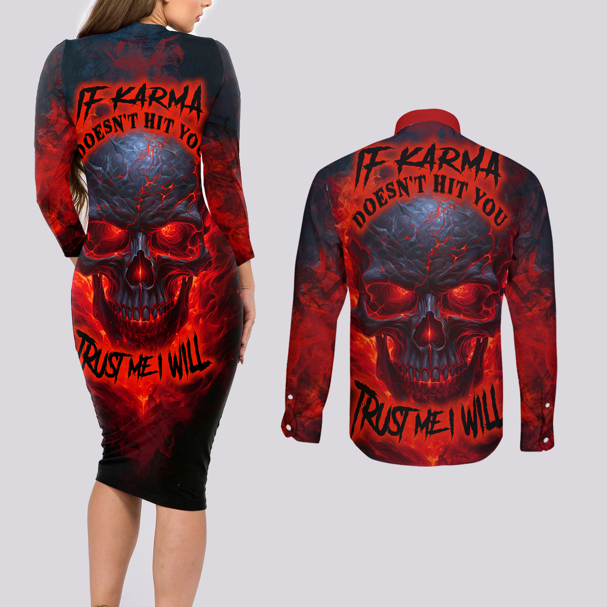 Horror Skull Couples Matching Long Sleeve Bodycon Dress and Long Sleeve Button Shirts If Karma Doesn't Hit You Trust me I Will - Wonder Print Shop
