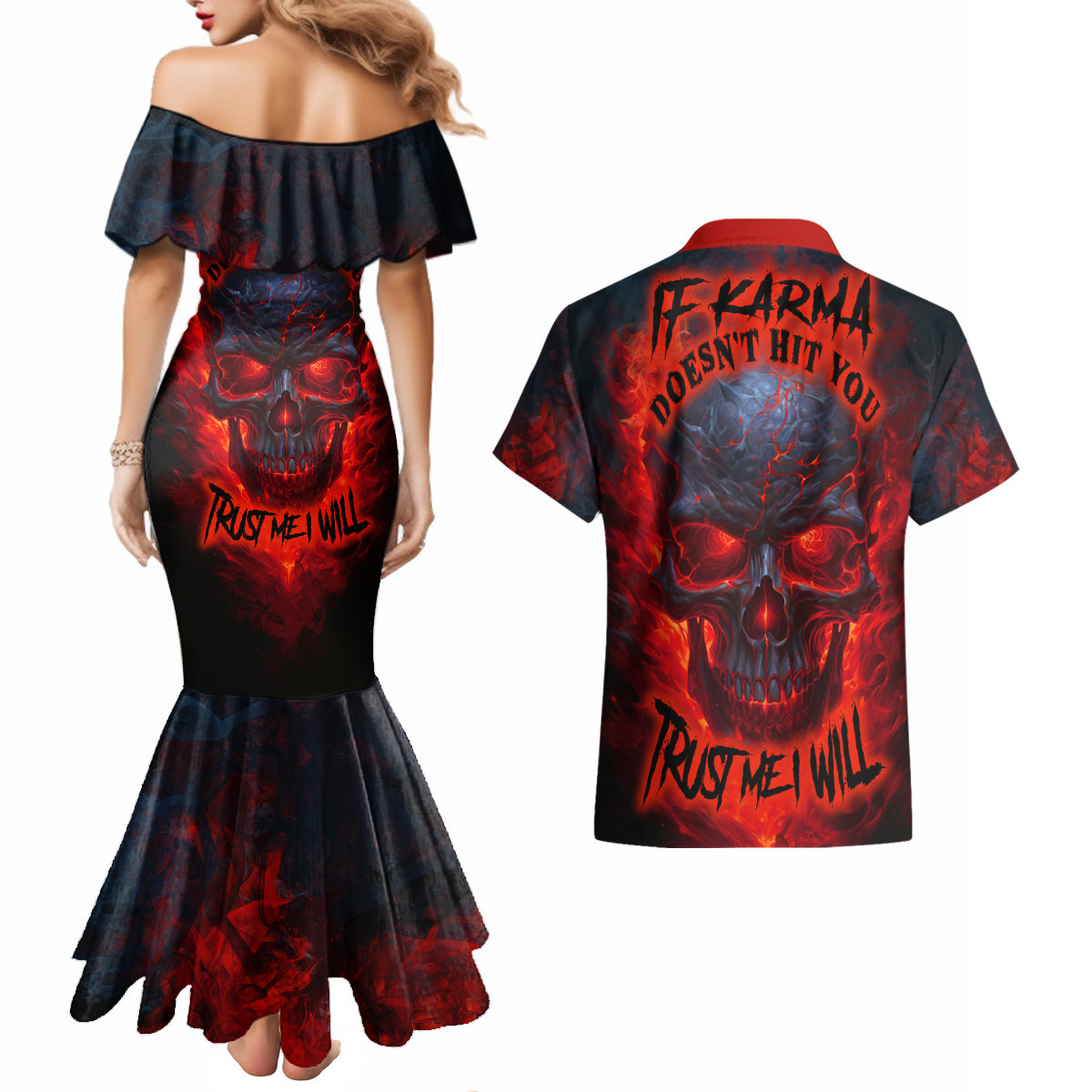 Horror Skull Couples Matching Mermaid Dress and Hawaiian Shirt If Karma Doesn't Hit You Trust me I Will - Wonder Print Shop