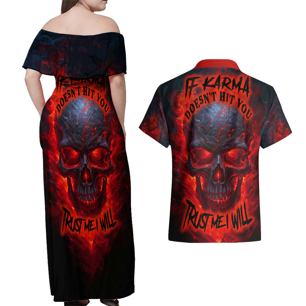 Horror Skull Couples Matching Off Shoulder Maxi Dress and Hawaiian Shirt If Karma Doesn't Hit You Trust me I Will - Wonder Print Shop