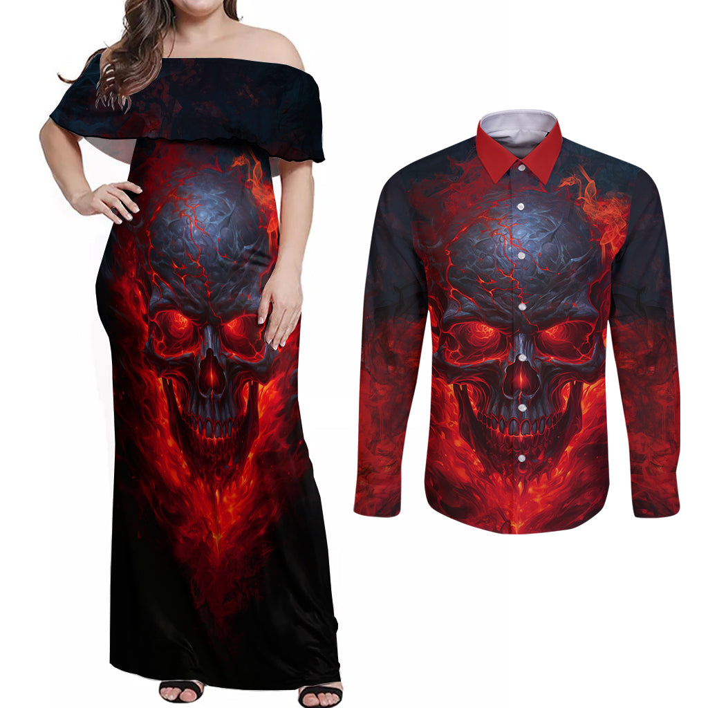 Horror Skull Couples Matching Off Shoulder Maxi Dress and Long Sleeve Button Shirts If Karma Doesn't Hit You Trust me I Will - Wonder Print Shop